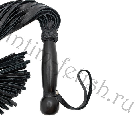 Эксклюзивная чёрная плётка с деревянной ручкой (ясень), 50 хвостов, "Фетиш"