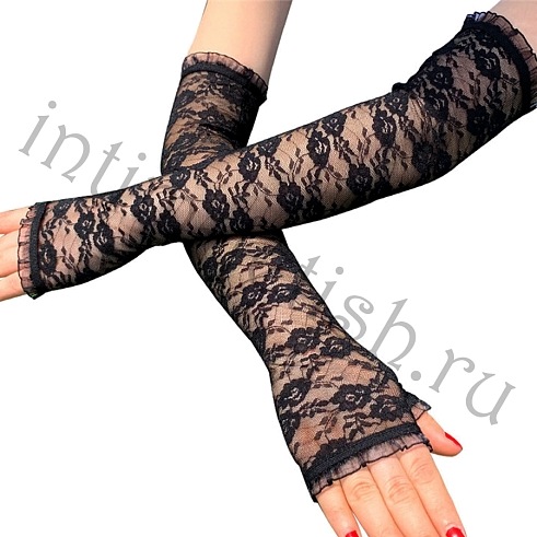 Длинные кружевные перчатки, черные (без пальцев)