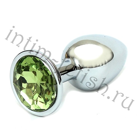 Серебряная анальная пробка со светло зеленым камнем, S