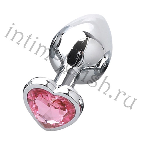 Серебристая анальная пробка с розовым кристаллом-сердечком, S