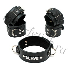 БДСМ комплект "SLAVE" из черной натуральной кожи: ошейник+наручники+наножники, Фетиш
