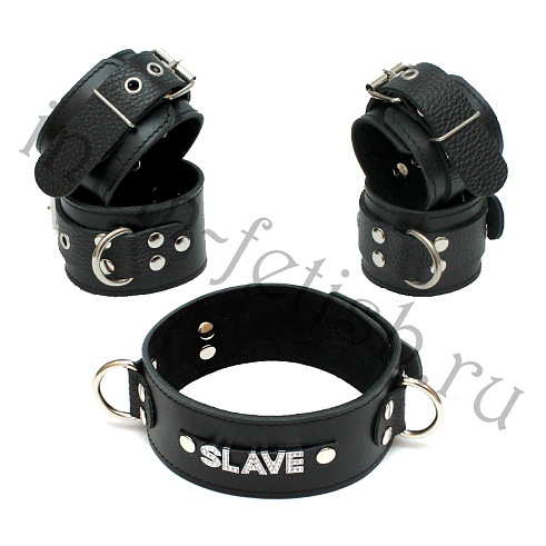 БДСМ комплект "SLAVE" из черной натуральной кожи: ошейник+наручники+наножники, Фетиш