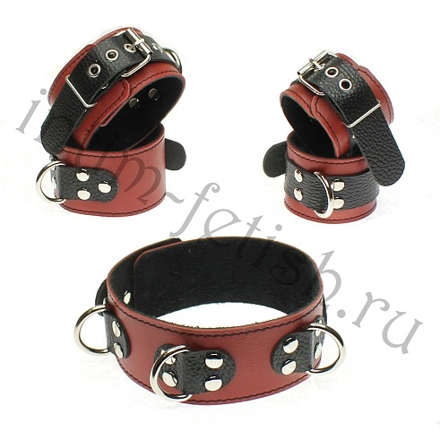 Комплект красно/черный: наручники+наножники+ошейник с 3 D-кольцами, Фетиш