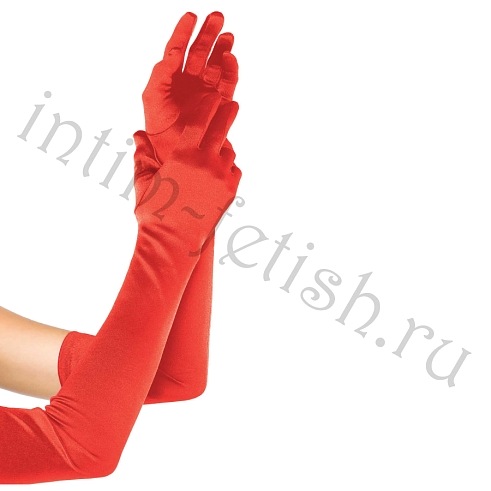 Атласные красные перчатки, выше локтя 55см.
